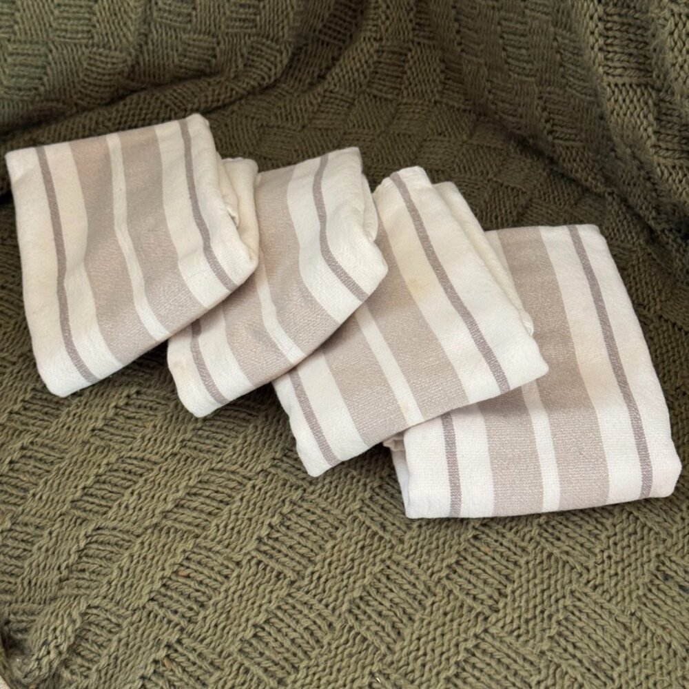 Cotton Kitchen Hand Towels Neutral Stripe Set of 4